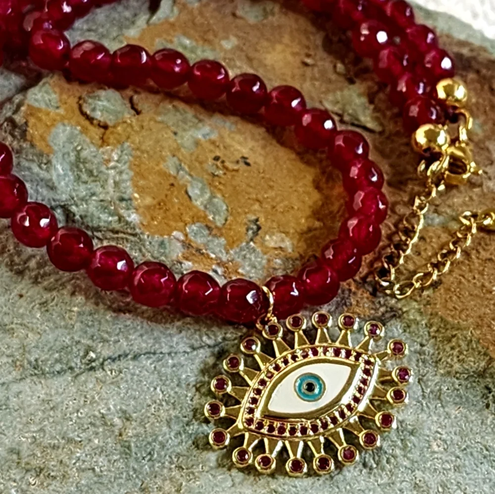 Natural Raw Garnet Stone Hypoallergenic Jewelry 14K Gold plated Eye Pendant